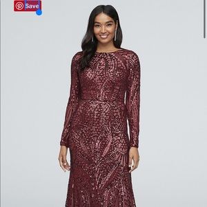 Long Sleeve All Over Sequin Wine Colored Gown